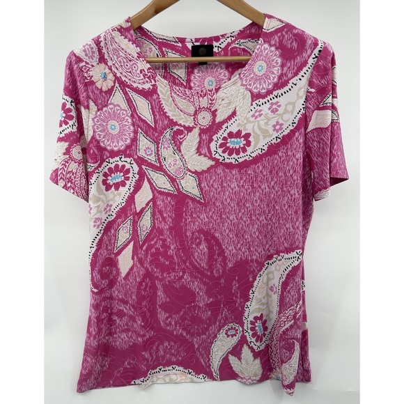 JM Collection Tops - JM Collection Top XL Cute Floral Stretch Knit Short Sleeve Shirt Blouse Pink